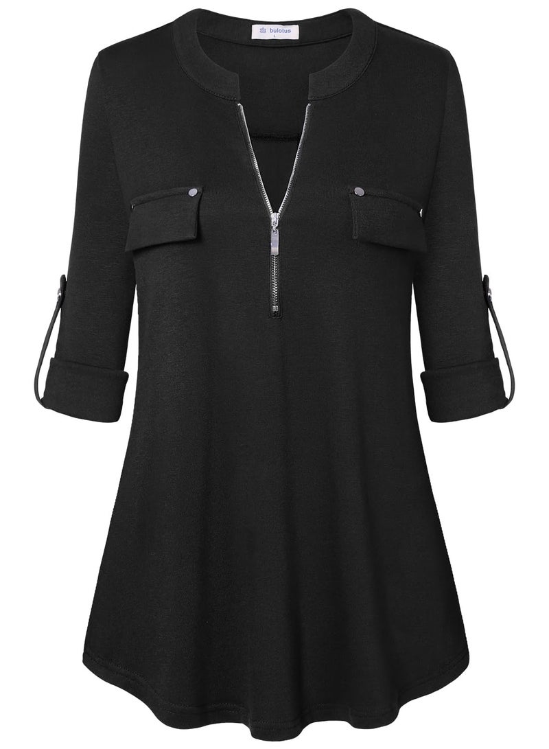 Bulotus Women's 3/4 Sleeve Tunic Tops to Wear with Leggings Fall Top Business Casual Blouses for Work Professional V Neck Black Tunic Shirt, Black, Large - Image 1